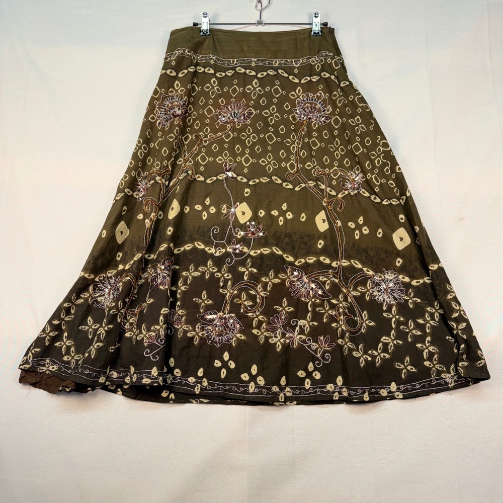 Autograph New York Brown Olive Cotton Beaded Embroidered Midi Skirt Womens 6